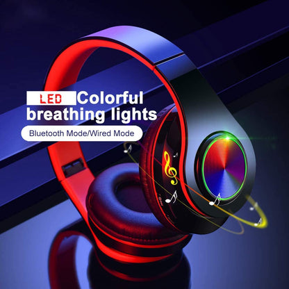 YTYC Bluetooth Headphones Over Ear Headphones with Deep Bass LED Foldable Stereo Headphones, Wired and Wireless Headset for Smart Phone/TV/PC(Red/Black)