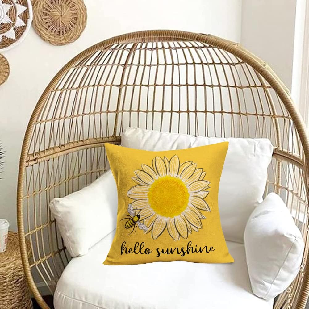Qinqingo Hello Sunshine Summer Decorative Throw Pillow Covers Sunflower Bee Farmhouse Yellow Square Pillow Coves for Outdoor Patio Sofa Bedroom Car 24x24 Inch