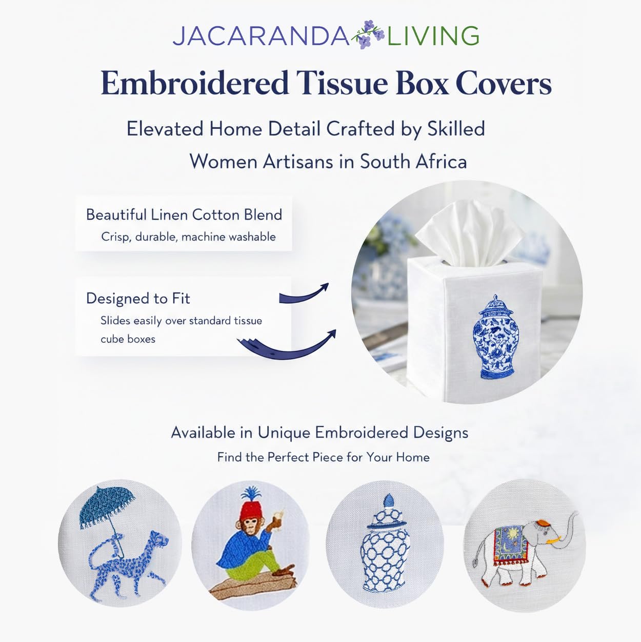 Jacaranda Living Square Tissue Box Cover, Linen/Cotton Tissue Holder, Decorative Cloth Tissue Cover, Fits Standard Square Tissue Boxes, Embroidered Animal Designs, Charming Elephant (Blue)