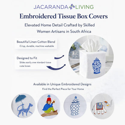 Jacaranda Living Square Tissue Box Cover, Linen/Cotton Tissue Holder, Decorative Cloth Tissue Cover, Fits Standard Square Tissue Boxes, Embroidered Animal Designs, Charming Elephant (Blue)