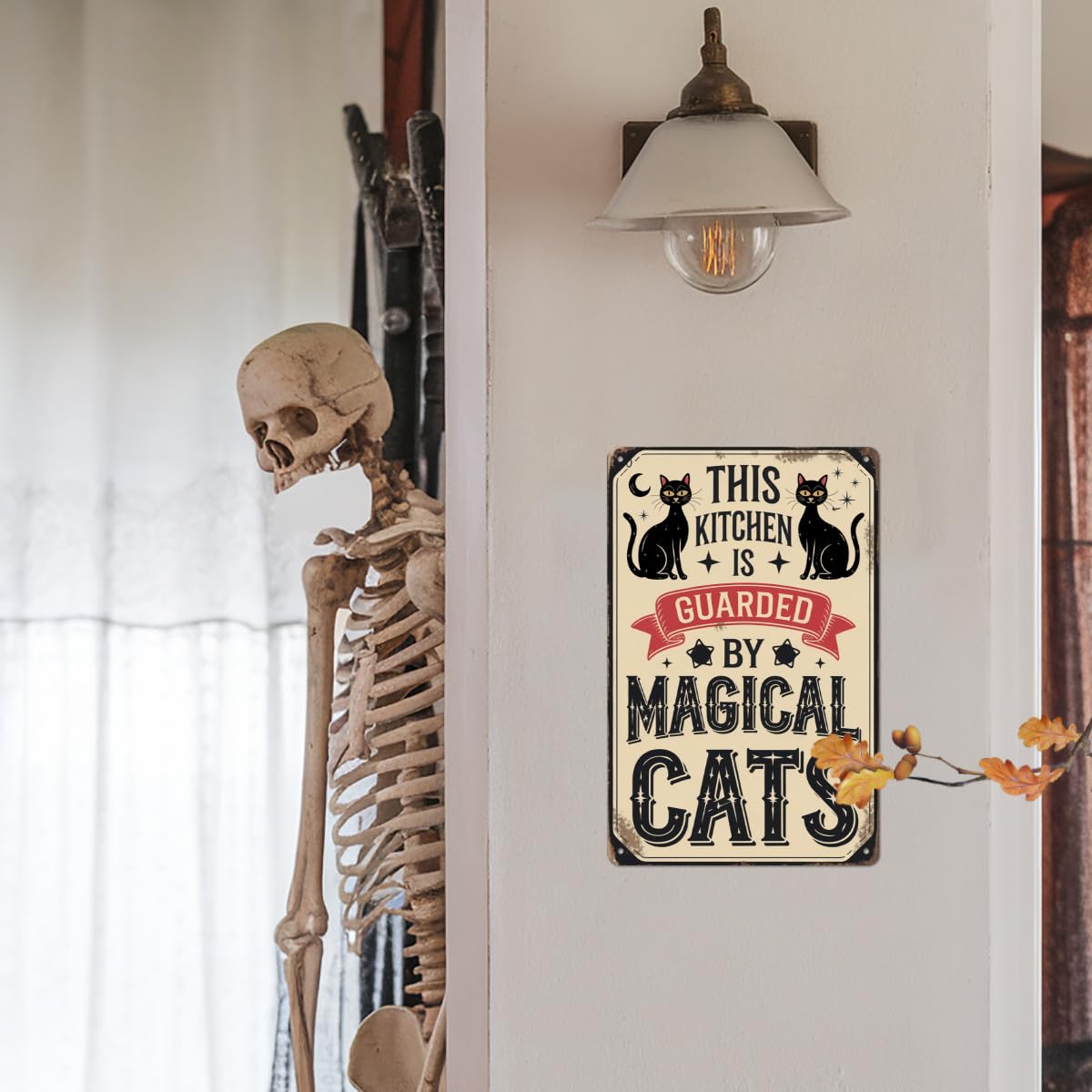 This Kitchen Is Guarded By Magical Cats Metal Tin Sign Halloween Theme Wall Hanging Rustic Style Wall Decor For Kitchen, Farmhouse, Living Room, Halloween Party Decorative Signs & Plaques 8x12 Inch