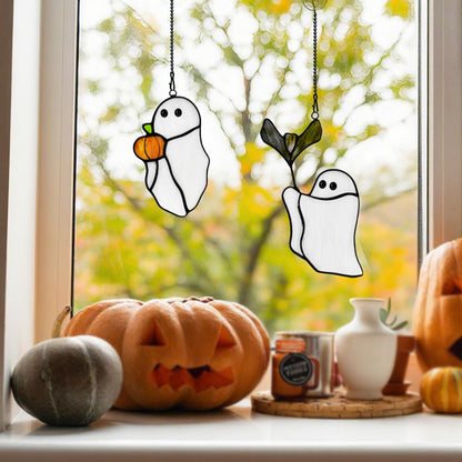 LITEPEDIA Ghosts Decor Stained Glass Window Hangings,Halloween Bat Ornament Stained Glass Suncatcher for Window,Cute Ghosts Gifts for Girls Boys,Funny Halloween Pumpkin Party Decor