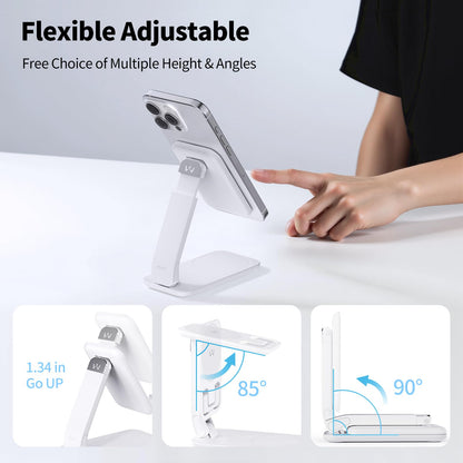 iWALK Magnetic Cell Phone Stand for Desk, Angle and Height Adjustable Mobile Phone Holder, Foldable Magnet Stand for iPhone 17 16 15 14 13 12 Pro Max and iPad, Cell Phone Holder for Samsung, White