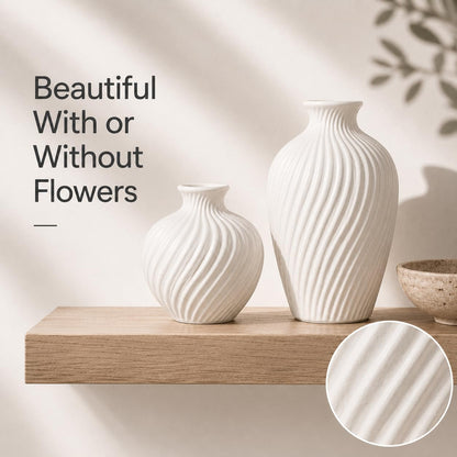 White Ceramic Vase Set of 2 - Modern Flower Vases for Home Decor - Rustic Textured White Vase for Living Room Decor - 8.65×5.5 & 5.5×5.5 Inch Round Vases for Dining Table Centerpiece Decoration