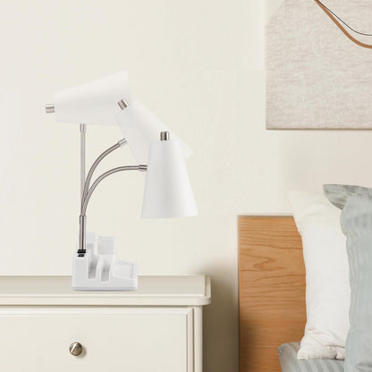 E26 Desk Lamp with 1 USB Charging Port and 1 AC Outlet, Organizer Base, Adjustable Neck, On/Off Switch, Modern Table Lamp for Reading, Working, Studying (White)