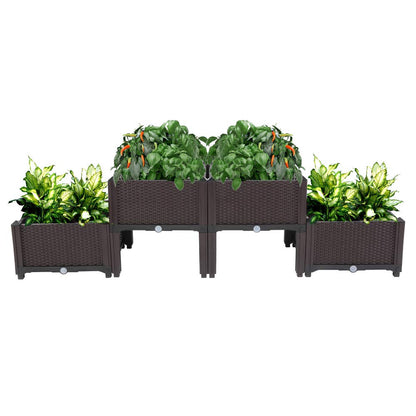 Guangshuohui Planter Raised Beds Kits,Garden Bed with Self Watering Planter Box and Drainage Plug,for Flowers Vegetables and Garden Patio Balcony Restaurant, Easy Assembly (Set of 4,Brown)