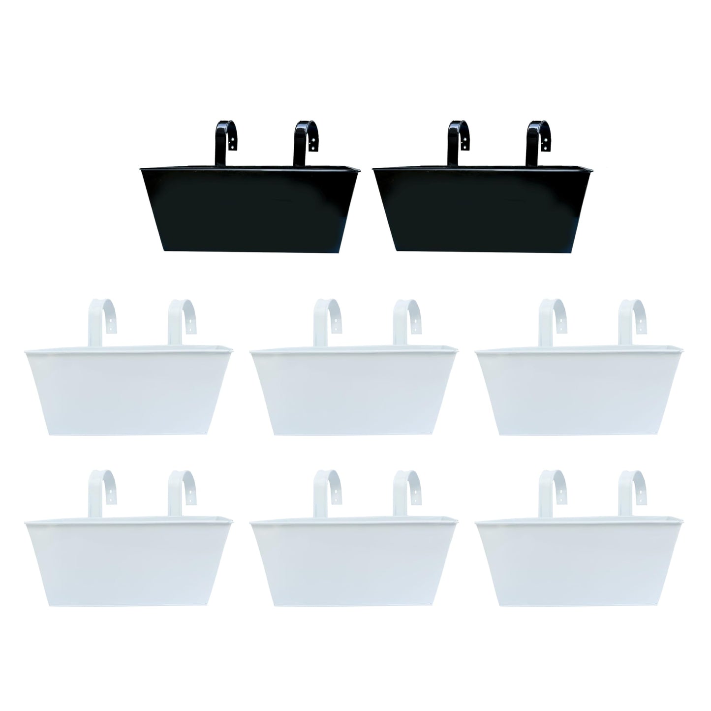 LaLaGreen Bundle- 2 Pack, 16 Inch Black + 6 Pack, 16 Inch White Rectangular Metal Pot Large Strawberry Hanging Wall Fence Plant Holder Deck Rail Balcony Modern Flower Box with Hook Outdoor Patio Decor