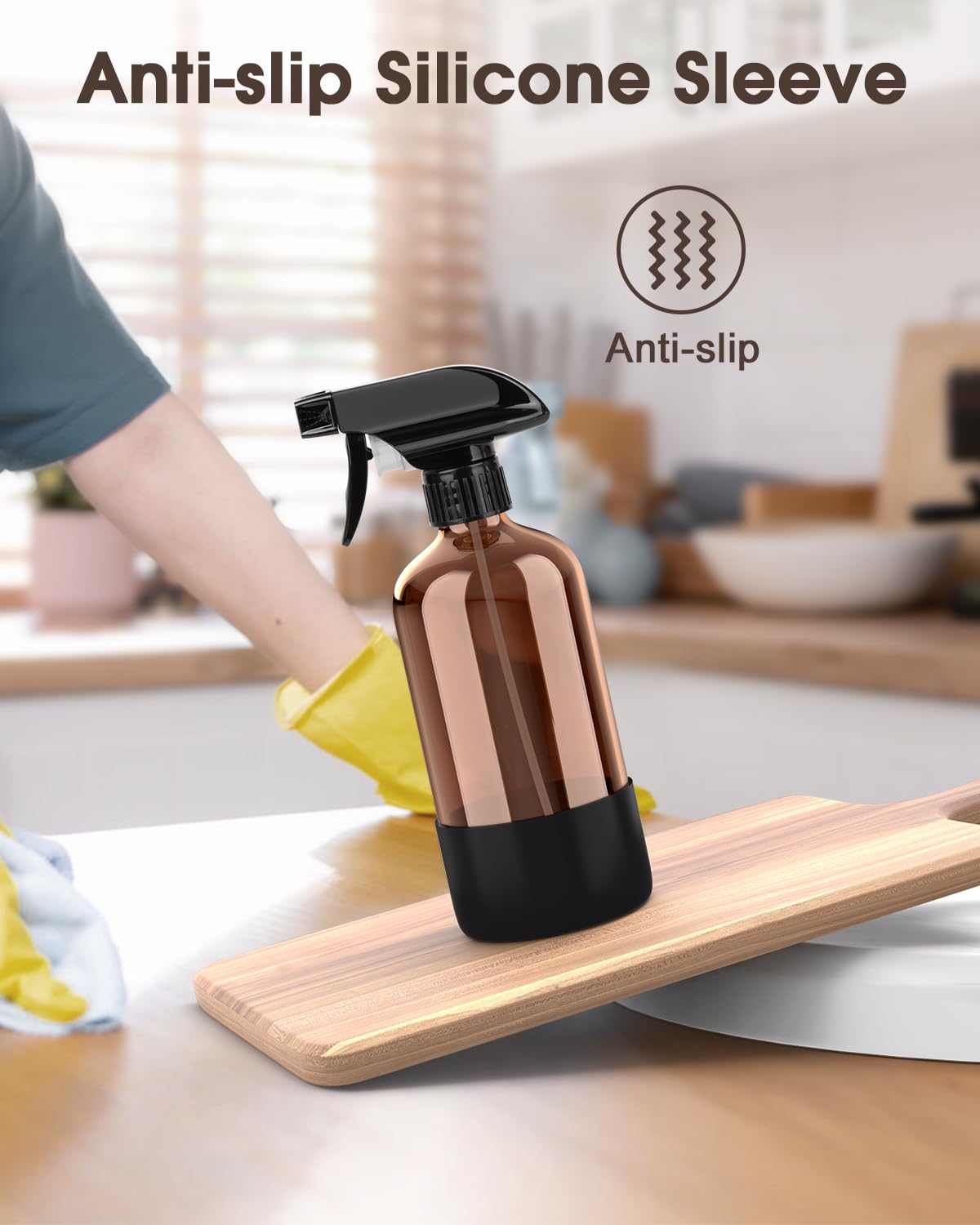Bontip Glass Spray Bottle with Silicone Sleeve Protection, Amber Glass Spray Bottle Set for Window Cleaner Aromatherapy Facial Hydration Watering Flowers Hair Care 2 Pack/16 oz (Black)