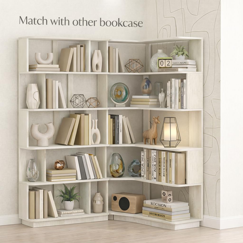 Arvolia 6 Tier Corner Bookshelf, Freestanding L-Shaped Wooden Bookcase with Open Shelves, Anti-Fall Panels and Anti-Tipping Device for Living Room, Home Office (White with Right Extension)