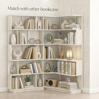 Arvolia 6 Tier Corner Bookshelf, Freestanding L-Shaped Wooden Bookcase with Open Shelves, Anti-Fall Panels and Anti-Tipping Device for Living Room, Home Office (White with Right Extension)