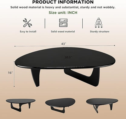 Solid Wood Triangle Coffee Table,Unique Mid Century Modern Oval Coffee Table,Irregular Geometric Tea Tables for Home Living Room with Wooden Tabletop and Reinforced Legs Black 43" L x 31" W x 16" H