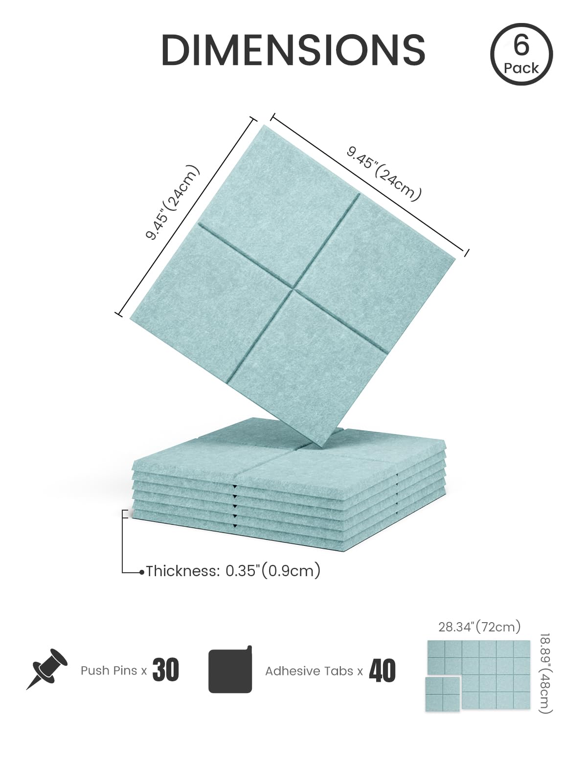 Felt Bulletin Board Tiles -28"x18" Cork Board Alternative for Office Decor, Push Pin Board Wall Organizer 6-Pack - Seafoam Blue