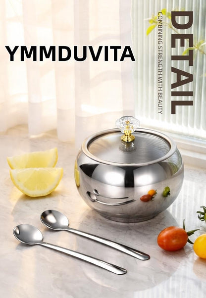 YMMDUVITA Stainless Steel Sugar Bowl with Lid & 2 Spoons, 500ml Container for Kitchen, Ideal for Storing Sugar, Coffee, and Spices
