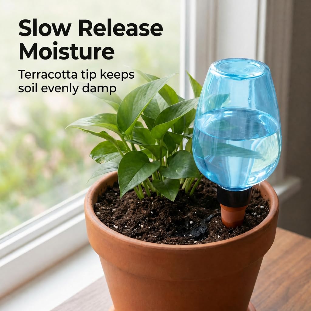 Kysren 3 pcs Self Watering Globes for Indoor Plants - Top-Fill 11.8oz Blue Plant Watering Devices for Vacation, Plastic Watering Bulbs with Terracotta Spikes