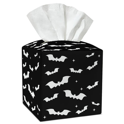 Black Bat Tissue Box Covers Square, Leather Tissue Holders Decorative for Home Office Kitchen Bathroom Organizer, Square Facial Paper Organizer Halloween Home Decor -003