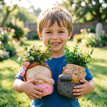 MOSYFEIBI Boy and Girl Planter Pot Set of 2, Whimsical Kids Planters for Indoor Outdoor Plants, Resin Succulent Pot with Drainage, Weather-Resistant Farmhouse Garden Decor (Boy and Girl)