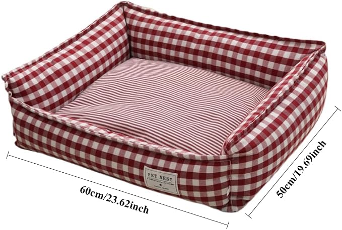 Orthopedic Rectangle Dog Bed for Medium Small Dogs, Plaid Plush Modern Puppy Sofa Bed with Anti-Slip Bottom, Cute Calming Pet Bed(Red,Large)