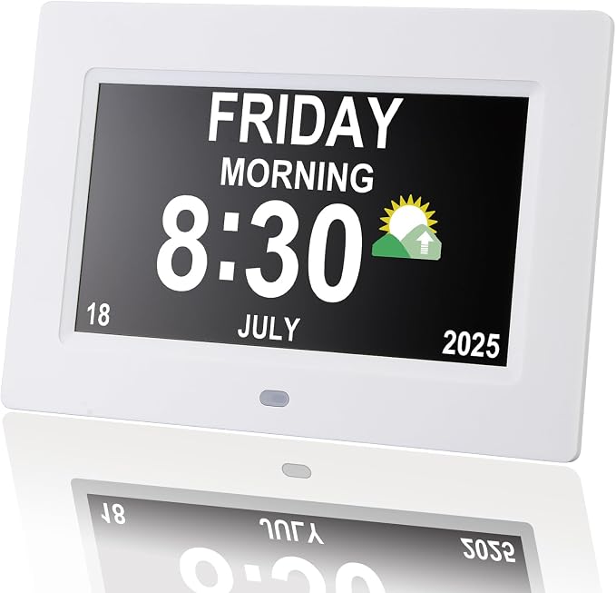 Digital Dementia Clocks for Seniors, 7 Inch, White | Day Date Time Large Display for Poor Vision Easy Read, Medication Reminder Alarm, Spanish 10 Languages, Alzheimer Gifts