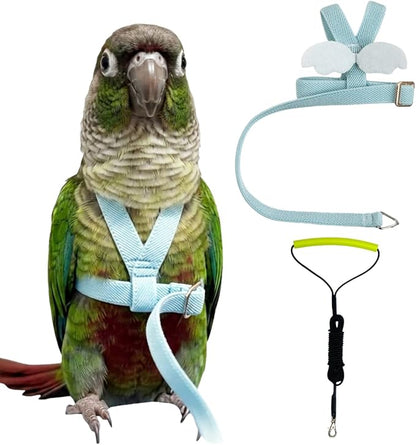 Adjustable Bird Harness with Elastic Leash, Pet Parrot Harness and Leash, Adjustable Training Design Anti-Bite, Bird Nylon Rope with Cute Wing for Conure (Light Blue,M)
