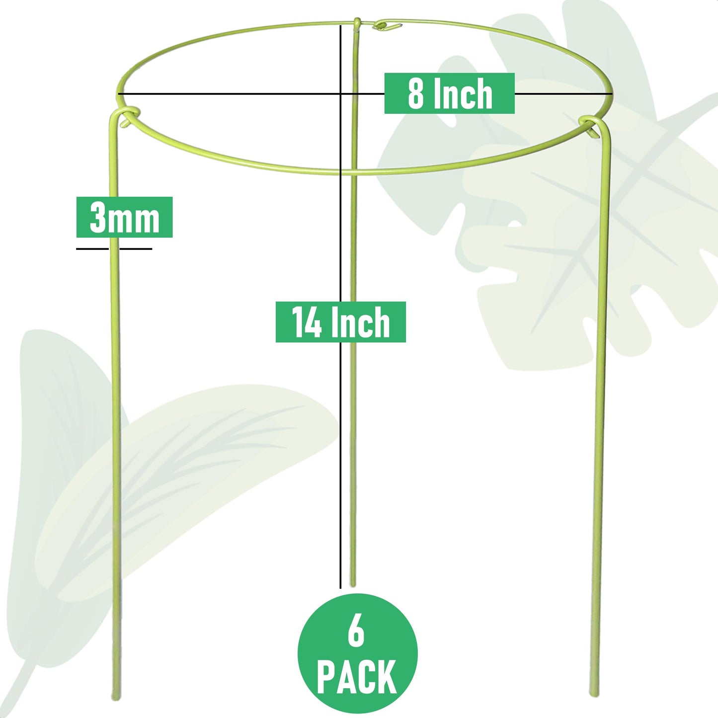 6-Pack Heavy Duty Plant Stakes and Supports for Indoor Outdoor Plants, Metal Support Stakes & Cage Rings, Ideal for Monstera, Peonies, Roses (8" W x 14" H)