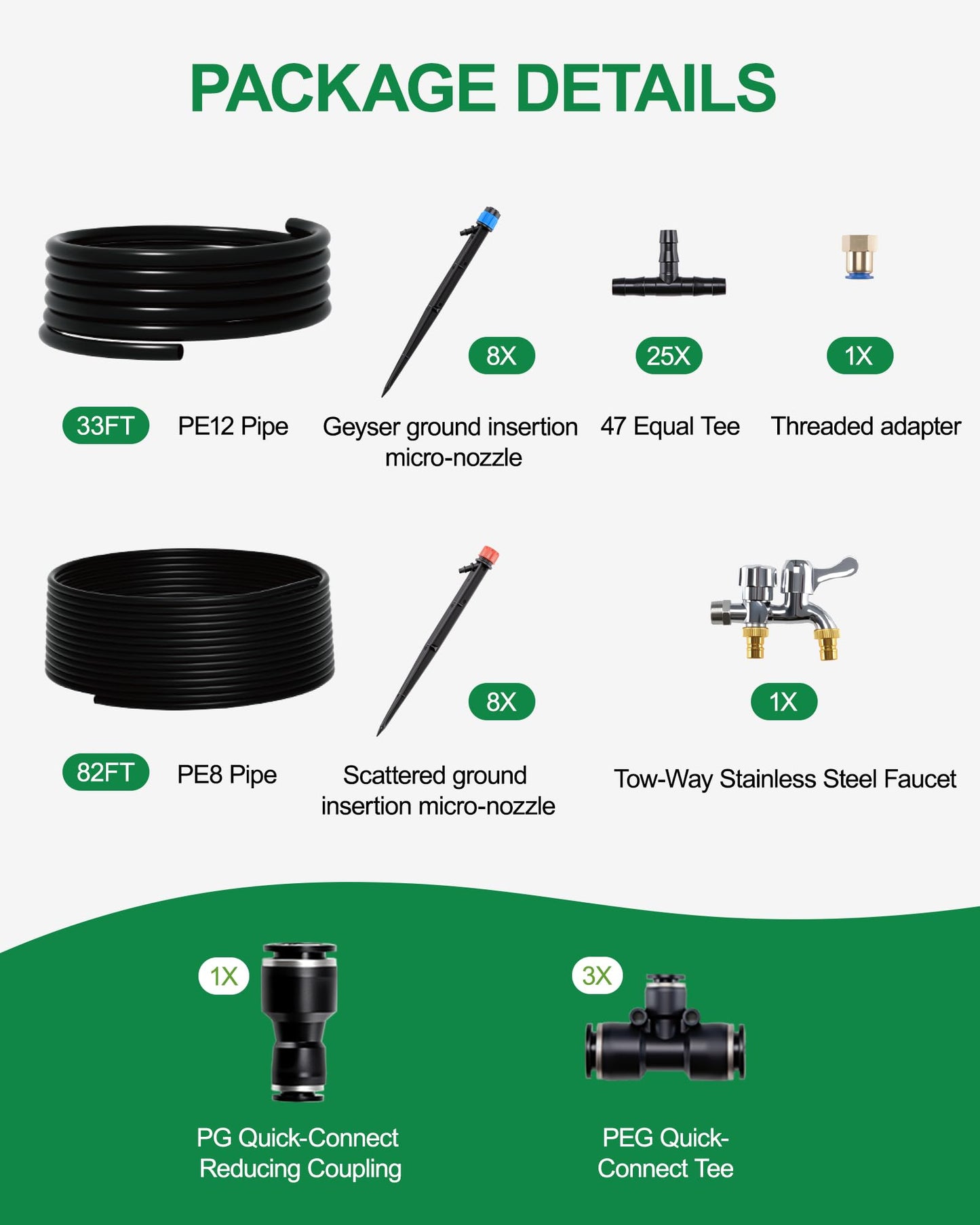 IRRIGARDENER Drip Irrigation System for Garden, Automatic Garden Watering System with 115FT 1/2” & 1/3” Tubing, Dual Faucet, Adjustable Nozzle Emitters for Garden, Greenhouse, Lawn, Potted Plants