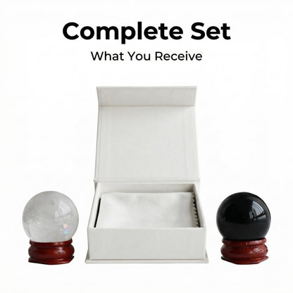Natural Clear Crystal Ball Sphere with Red Wooden Stand Hand-Carved Quartz Gemstone Home Decor Office Desk Ornament Yoga Meditation Mindfulness Zen Decor Gift ((Clear Quartz+Obsidian) Gift Box Set)