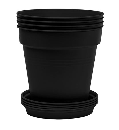 Mintra Garden Pots, 4 Pack Bulk Plastic Plant Pots with Drainage Tray, Round Indoor & Outdoor Decorative Planters with Drain Holes for Flowers, Herbs & Plants, 19cm Diameter – Black, 7.5 in