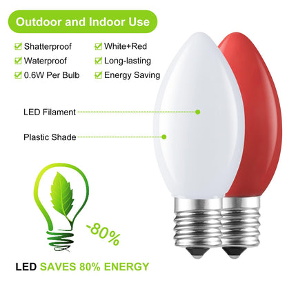 Minetom C9 LED Christmas Light Bulbs, 25 Pack, Shatterproof, Red & White, E17 Base, Dimmable Holiday Lights
