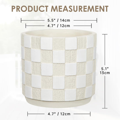 Nature Crafted 5.5 inch Ceramic Plant Pots with Drainage Hole & Silicone Plug, Checker Ceramic Round Planter Flower Planter for Indoor Outdoor Plants Home Gardening Desktop Windowsill, White