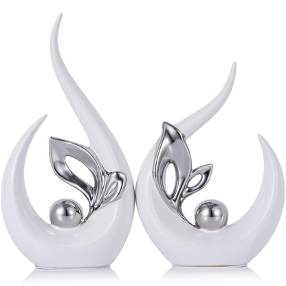 9.4" H White Silver Abstract Sculptures Home Decor, Ceramic Art Statue Cool Stuff to Put on Shelves&tv Stand Decor, Silver Accent Entertainment Center, for Fireplace Coffee Table Dining Table Decorate