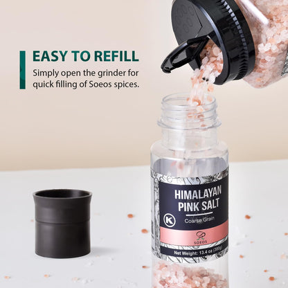 Soeos Salt Grinder Set, Himalayan Pink Salt, Coarse Grain, Salt for Grinder Refill, 13.4 Oz (380g), Refillable Plastic Bottle, Rock Salt, Kosher Salt Set (Pack of 1)