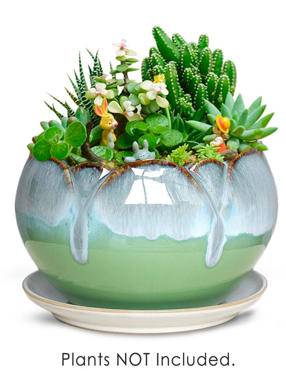 Dahlia 5.5'' Inch Rustic Drip Glazed Ceramic Planter/Succulent Pot/Plant Pot w. Saucer/Tray, Green