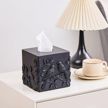 Black Marble Relief Birds Square Tissue Box Cover Decorative,Resin Heavy Sturdy Tissue Box Holder, Facial Paper Holder for Bathroom Vanity Countertop, Bedroom Night Stand,Office and End Table