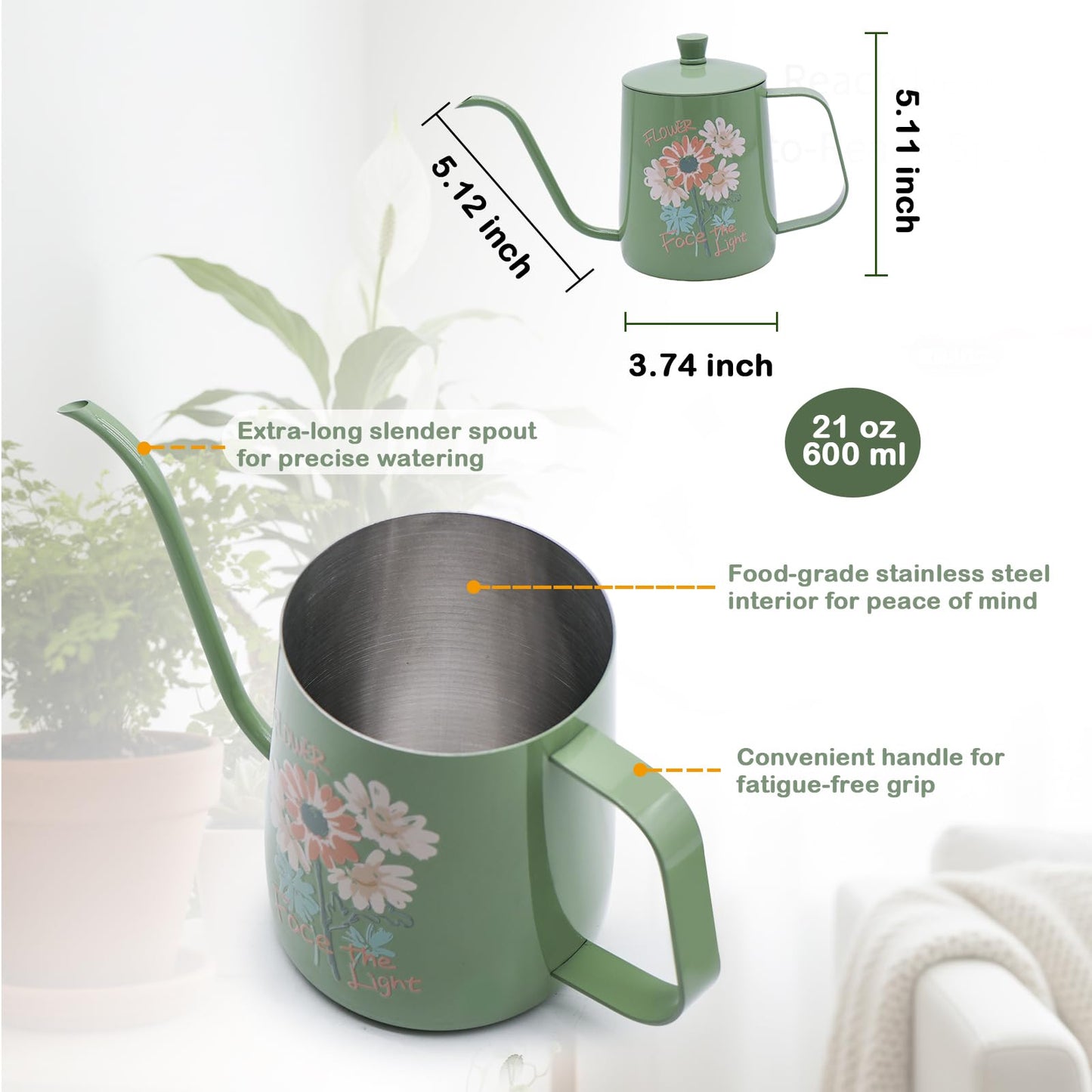 OFFIDIX Watering Can for Indoor Plants,Long Spout Metal Stainless Steel 21 oz Small Indoor Plant Watering Can with 14 oz Glass Plant Mister Spray Bottle for Inside