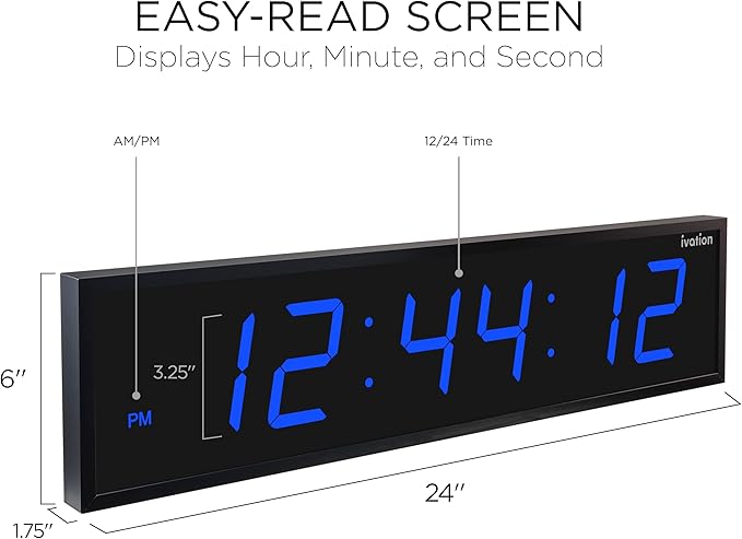 Ivation Oversized Large Digital Wall Clock - Big LED Digital Clock w/Large Display & Durable Aluminum Frame, Shelf or Wall Mount (24 Inch - Blue) 6 Brightness Levels | Time Memory | Remote