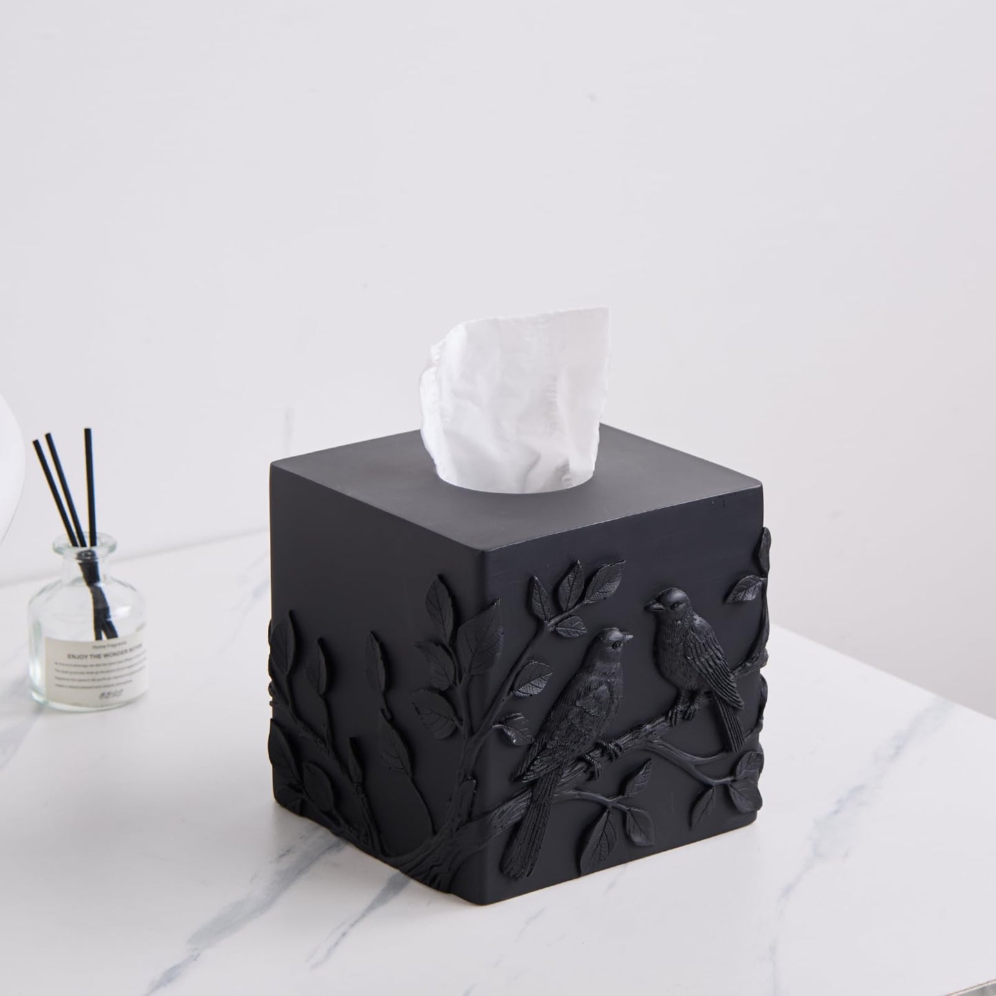 Black Marble Relief Birds Square Tissue Box Cover Decorative,Resin Heavy Sturdy Tissue Box Holder, Facial Paper Holder for Bathroom Vanity Countertop, Bedroom Night Stand,Office and End Table