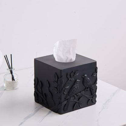 Black Marble Relief Birds Square Tissue Box Cover Decorative,Resin Heavy Sturdy Tissue Box Holder, Facial Paper Holder for Bathroom Vanity Countertop, Bedroom Night Stand,Office and End Table