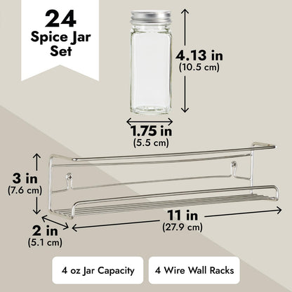 Talented Kitchen Spice Rack Organizer - 4 Stainless Steel Wall-Mounted Racks - 24 4 oz Glass Jars & 269 Preprinted Labels, Chrome - Kitchen & Cabinet Seasoning Organizer for Space Saving Spice Storage