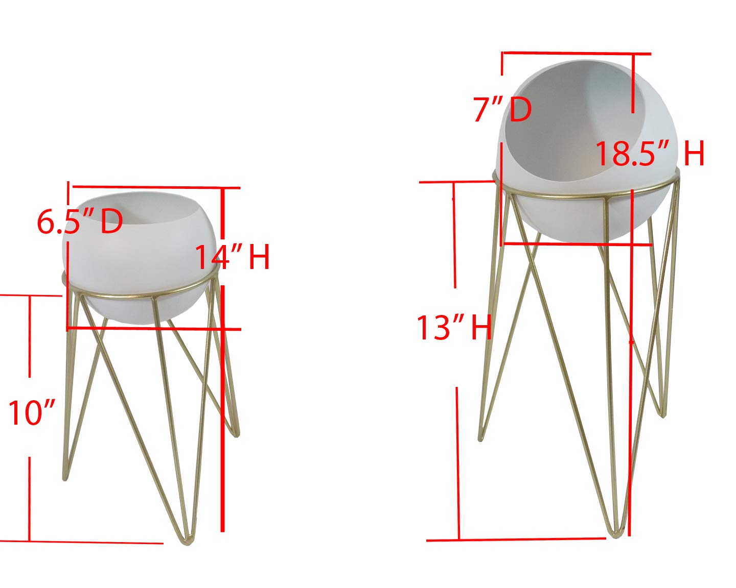 Admired by Nature White Plant Bowl Pot in Mid Century Designed Gold Stand Display Rack - Set of 2 - for Home Decor, Indoor Plants, Succulents, Flowers, Organization, Storage