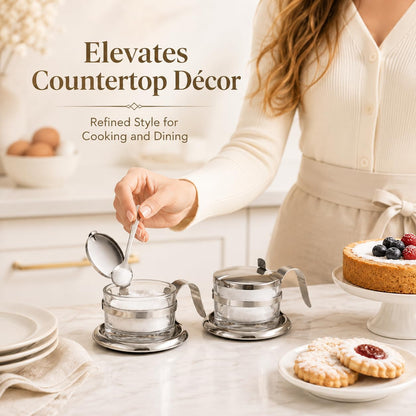 2 PCS Stainless Steel Salt Server with Spoon, Glass Salt Cellar for Countertop, Heavyweight Seasoning Jar Set with Flip Lid, Elegant Sugar Pepper Container for Home Kitchen Baking Station