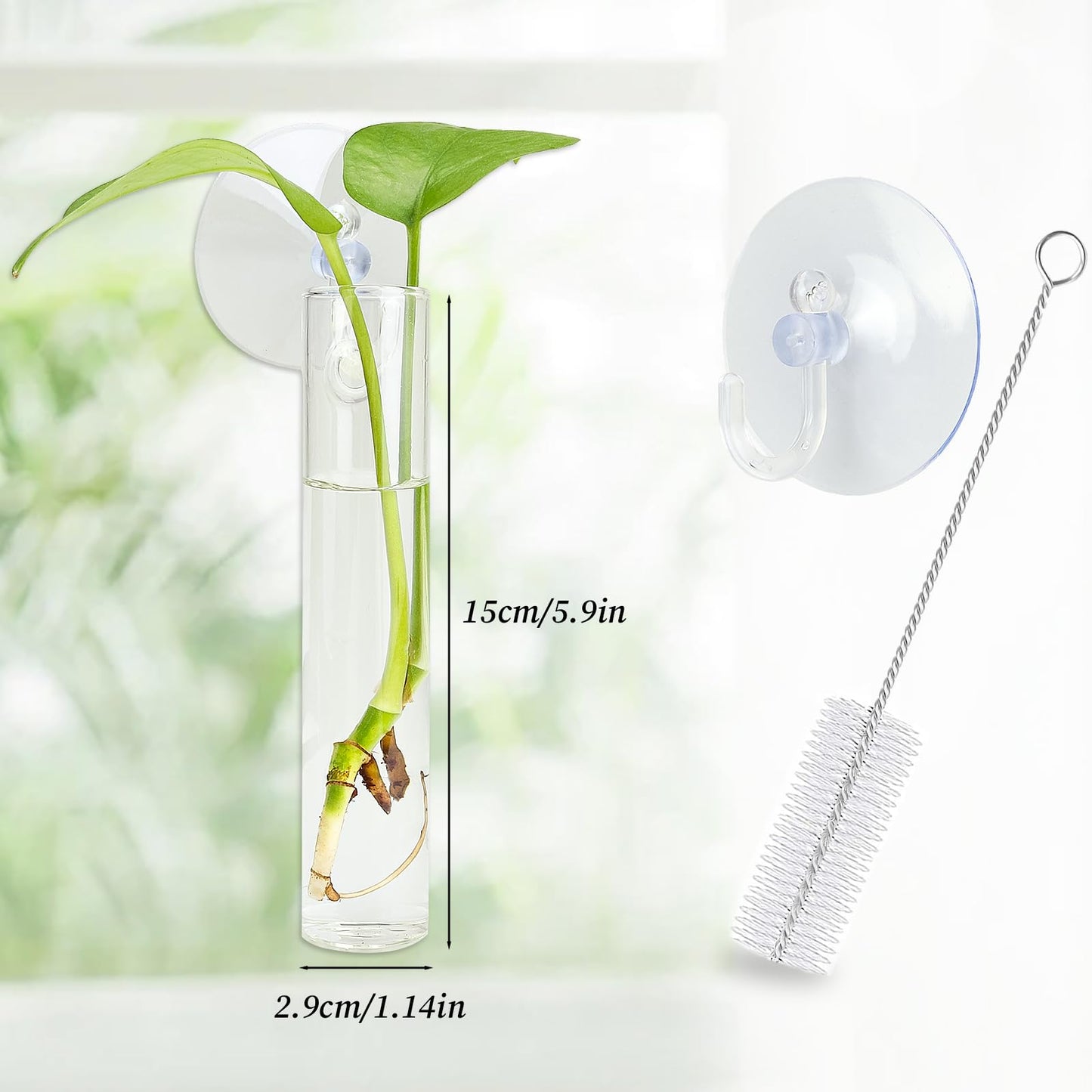 FOWSRHRG 4PCS Wall Hanging Planter Propagation Stations, Plant Tube with Suction Cup Hook, Test Tube Propagation Station Wall Clear Plant Vase No Nails with Bottle Brush Flower Plant Terrarium