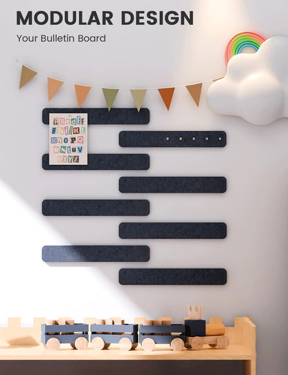 Fluxynara Cork Board Alternative Felt Strip Board 8-Pack 13"x2", Office Pin Board with 50 Push Pins, Adhesive Install for Bedroom Door & Home Office (Midnight Blue)