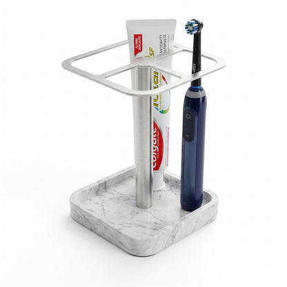 ERSINNO Electric Toothbrush Holder for Bathroom - Resin Marble Base & 304 Stainless Steel Organizer - 3-Slot Toothpaste and Vanity Stand - Space-Saving Bathroom Caddy for Countertop (White Silver)