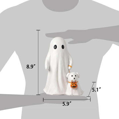 VILLADECOR Halloween Ghost Walking Dog Statue, Cute White Ghosts Figurines Halloween Table Decor, 8.9 inch