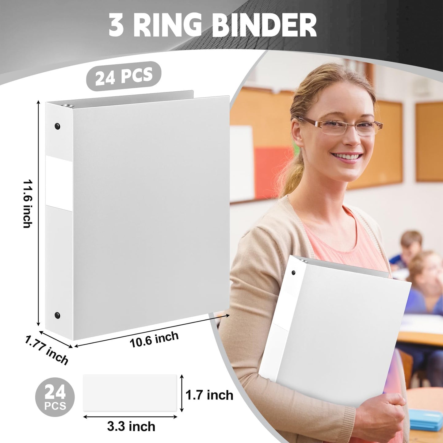 Henoyso 24 Pcs White 1.5" 3 Ring Plastic Binder Bulk, 1 1/2 Inch Soft Flexible Binders Round Rings, Fits Letter Size 8.5'' x 11'' Paper, Holds 350 Sheets, for School Office (1.5 Inch)