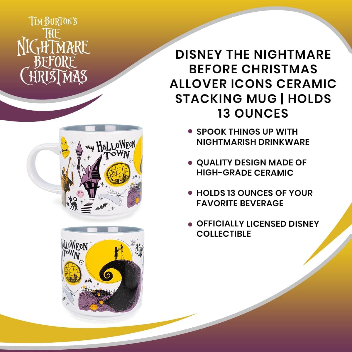 Nightmare Before Christmas Disney The Allover Icons Ceramic Stacking Mug | Large Coffee Cup For Espresso, Caffeine, Beverages, Home & Kitchen Essentials | Cute Tim Burton Gifts | Holds 13 Ounces
