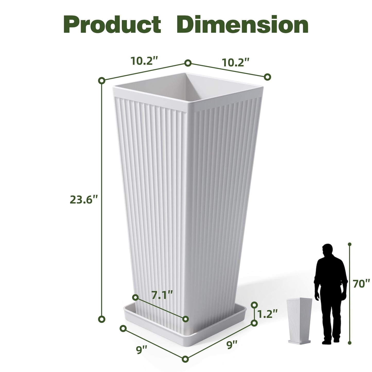 Trygoal White Square Tall Planters for Outdoor Plants Set of 2-23.6" Modern Tapered Indoor Flower Pots with Drainage Holes/Partition/Tray, Large Outdoor Planters for Porch Patio Garden Front Porch