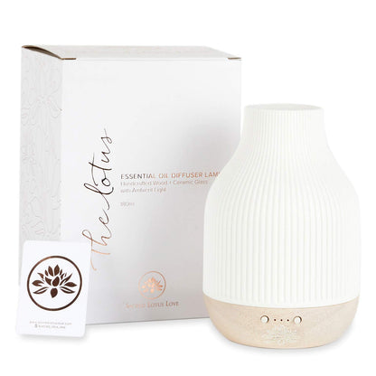 Sacred Lotus Love Ceramic Essential Oil Diffuser – Ultrasonic Aroma Diffuser with Wood Base, Ambient LED Light and Timer Settings