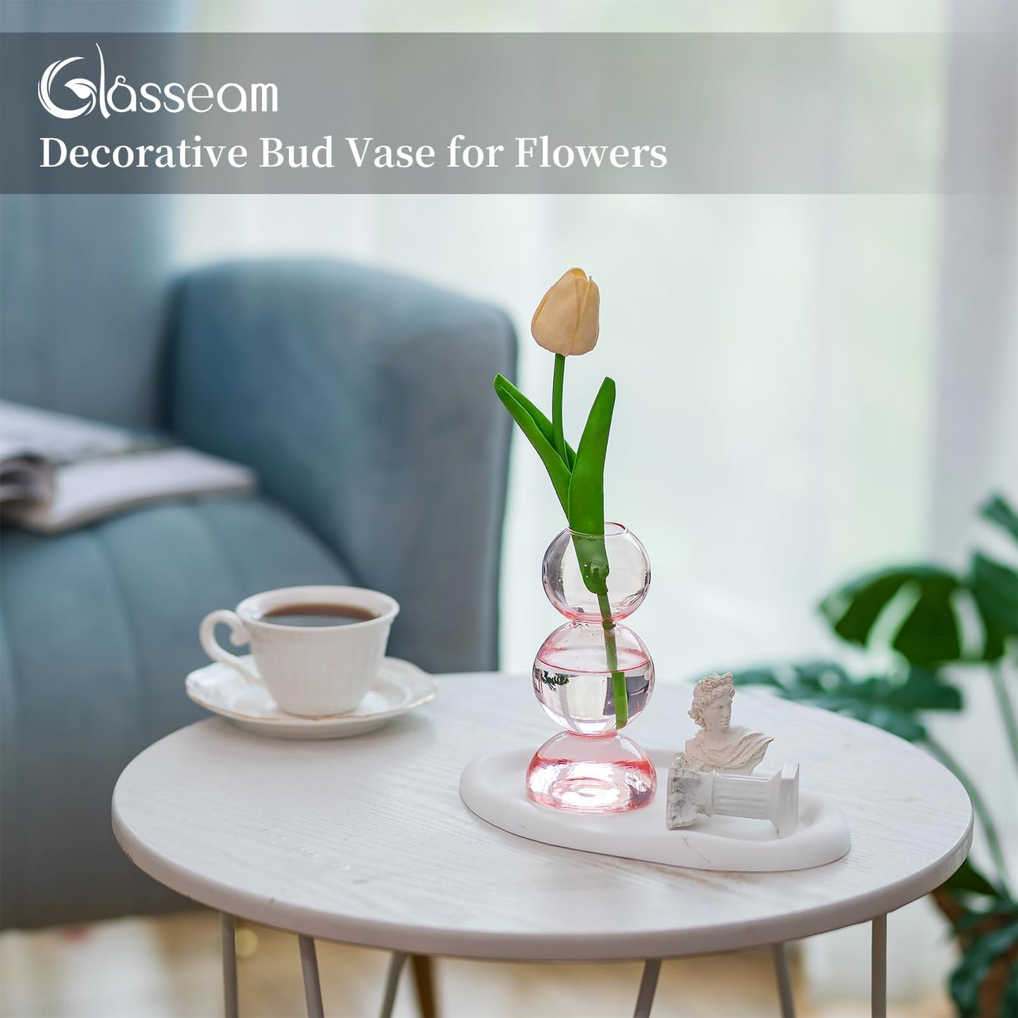 Glasseam Cute Pink Flower Vase, Unique Handmade Glass Vase for Flowers, Aesthetic Small Bud Vase Decor, Modern Ball Round Decorative Propagation Vases for Living Room Dining Table Decorations