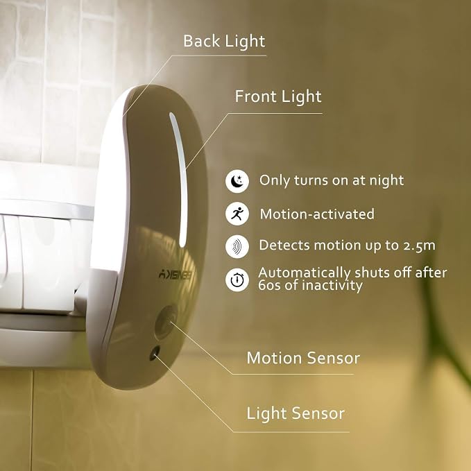 Sensky Plug-in LED Night Light - Motion Sensor and Dusk to Dawn Photocell with 15 Lumens Warm White Glow - Backlit Eye Protection Lamp for Kids Adults Bedroom Bathroom Hallway and Home Decor